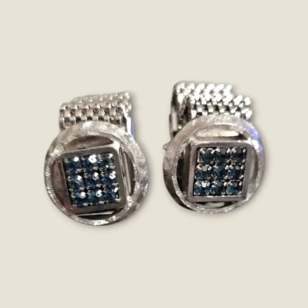 Vintage Silver Cuff Links & Tie Tack Set With Blue Rhinestones